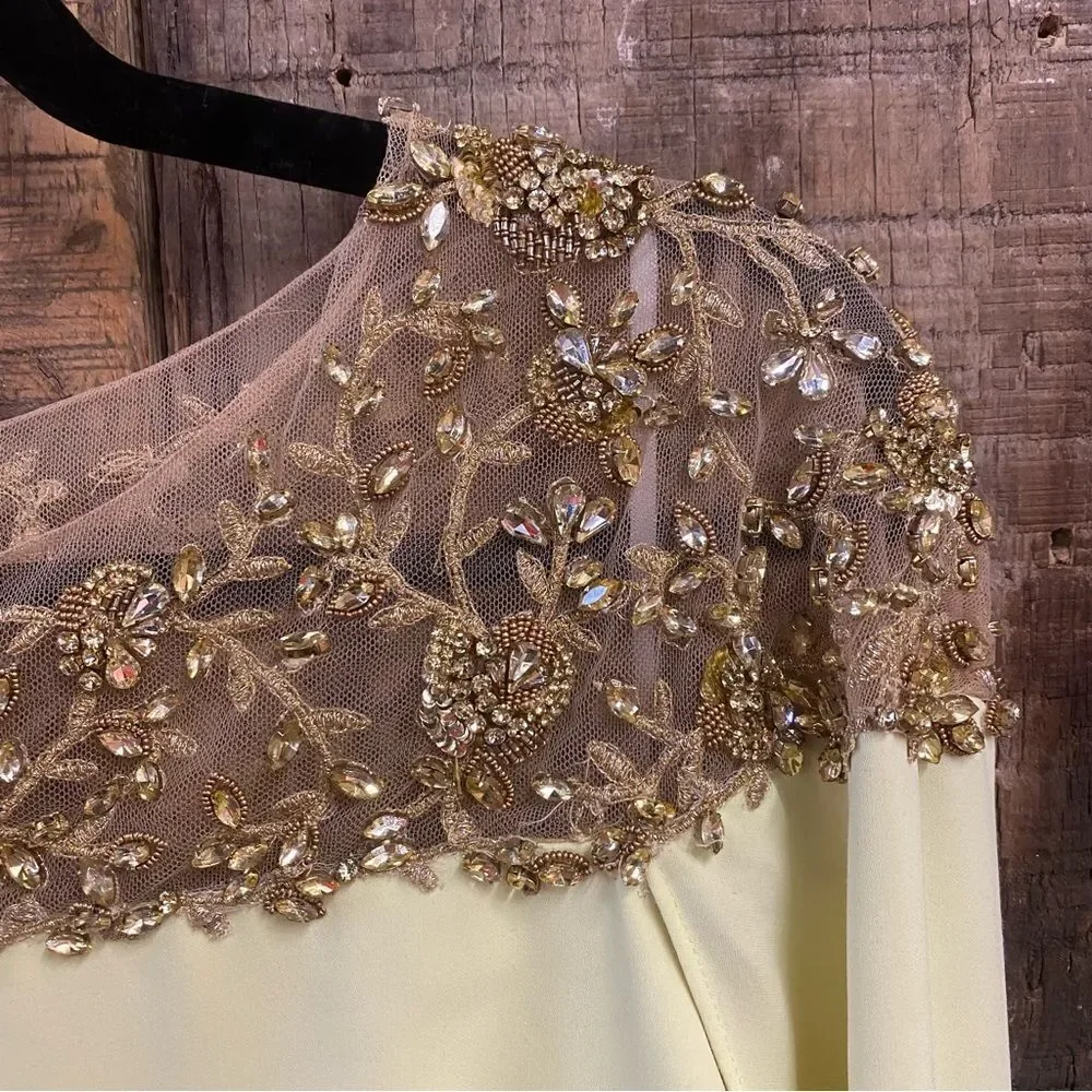Marchesa Notte Yellow cape dress midi Gold Embellishments tulle evening $1700 4